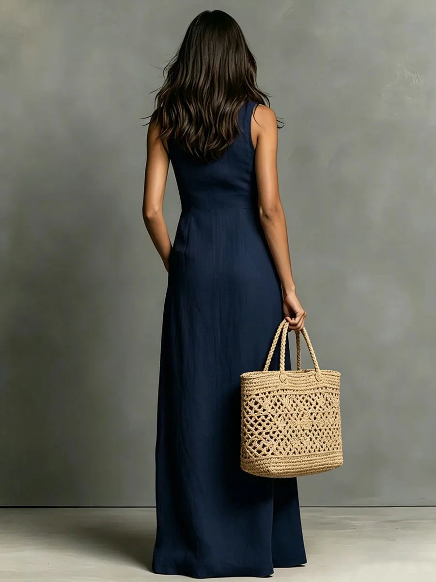 Maxi Dress – Sleeveless Deep V Neck Button Down – Polyester | KIMLUD