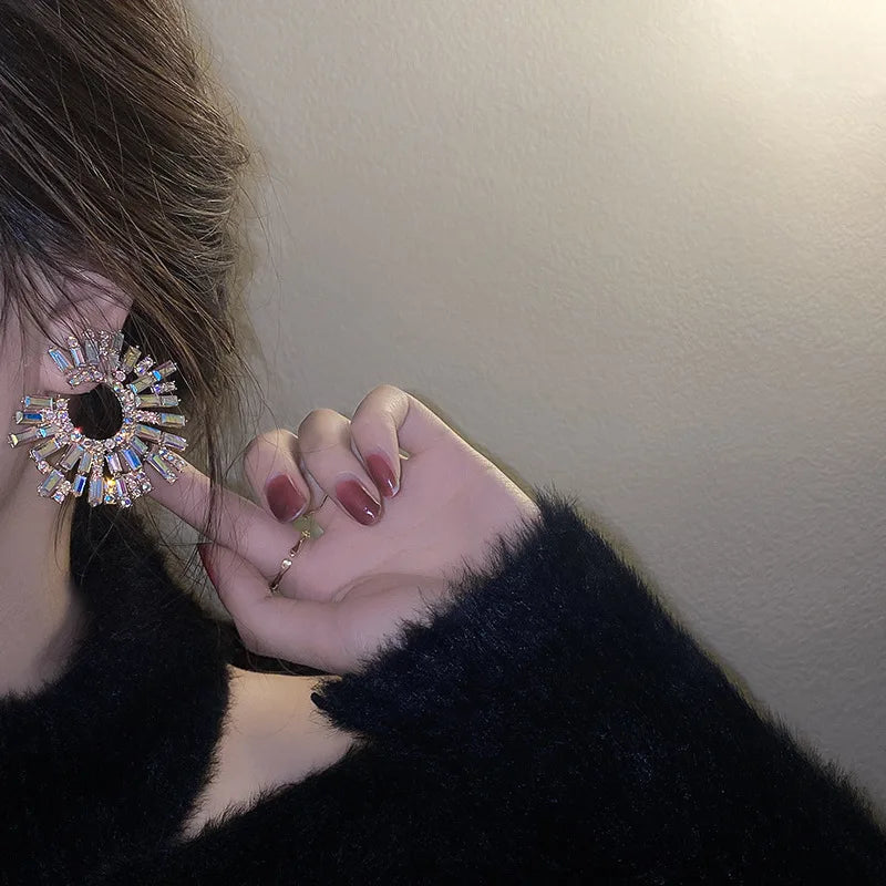 Crystal Statement Earrings Large Circle Flower Rhinestone — Crystal | KIMLUD