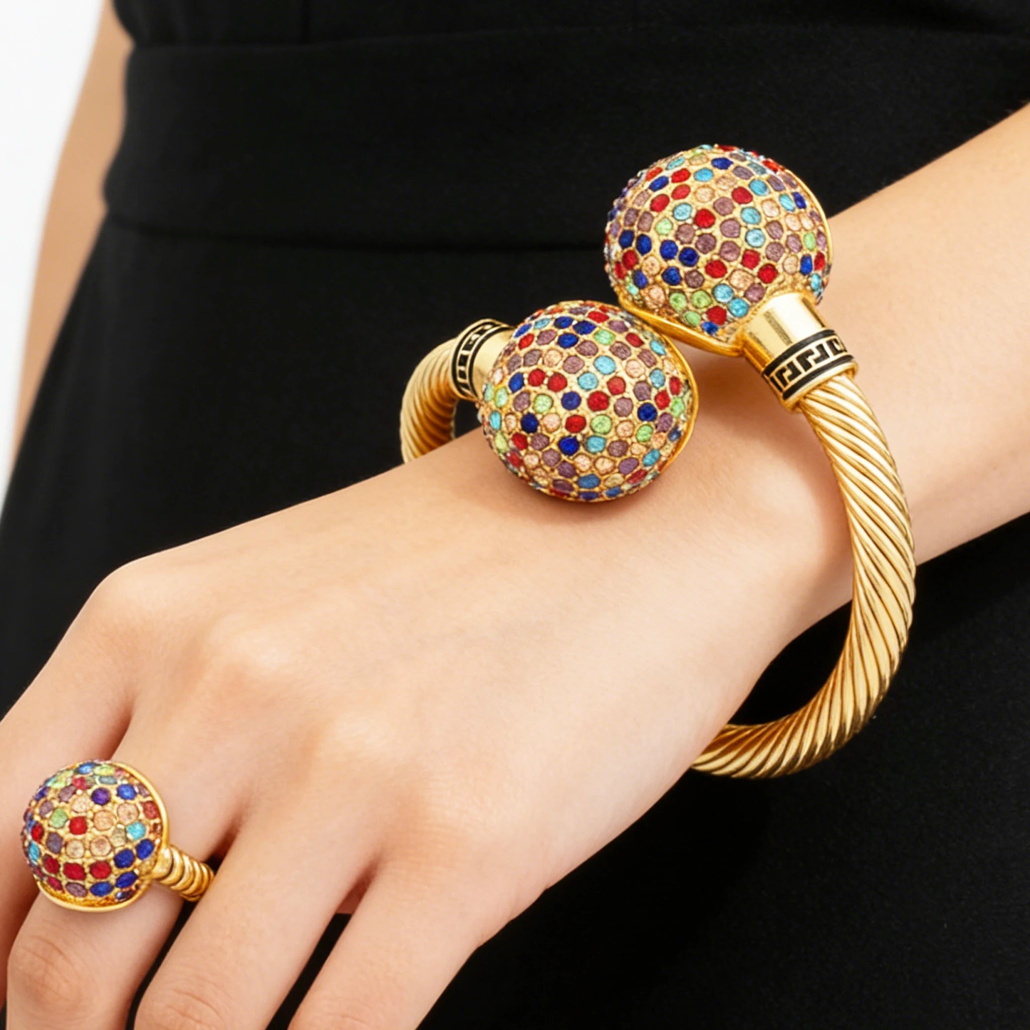 Gold Plated Jewelry Set Cuff Bangle Ring — Golden | KIMLUD