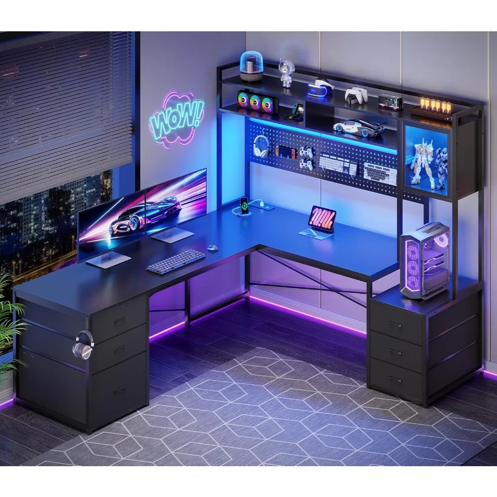 L Shaped Gaming Desk with Drawers, Reversible Computer Corner Desk with File Drawer, Hutch, Storage Shelves for，Customized