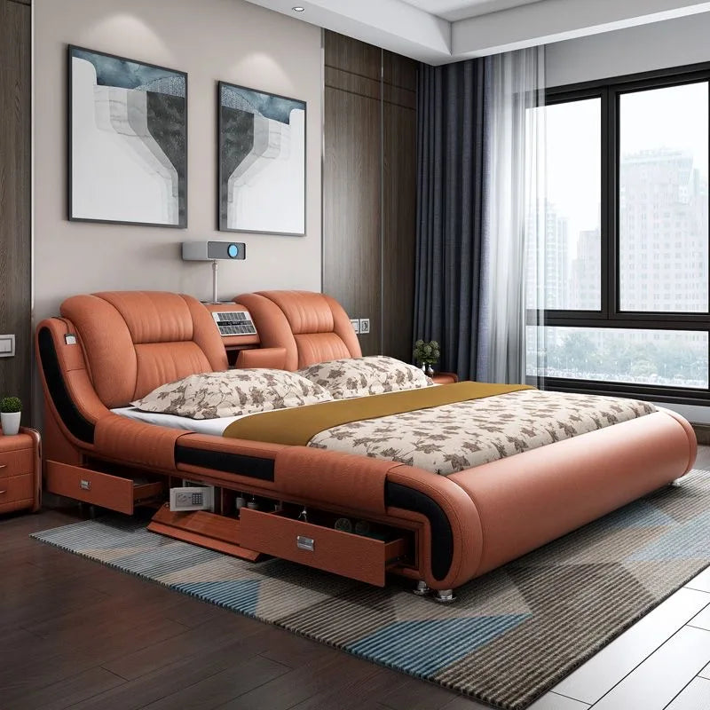 Genuine Leather Upholstered King Size Bed With Massage — Custom Color | KIMLUD