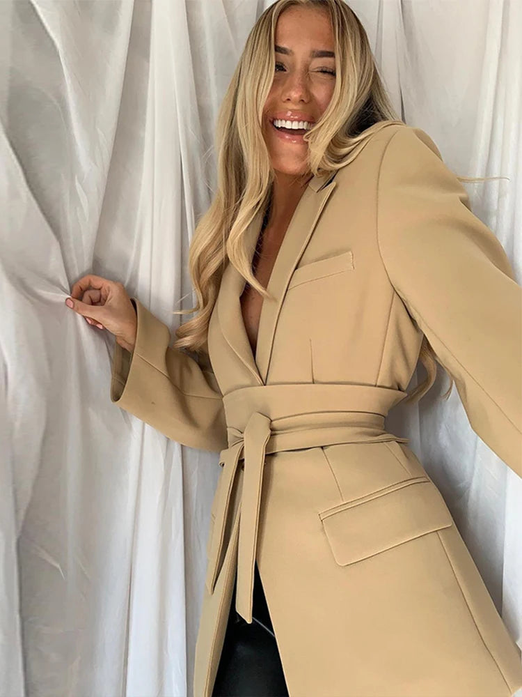 Elegant Lapel Neck Lace Up Middle Long Jackets Women Fashion Lace Up Pad Shoulder Slim Coats Female Spring New Chic Outwear