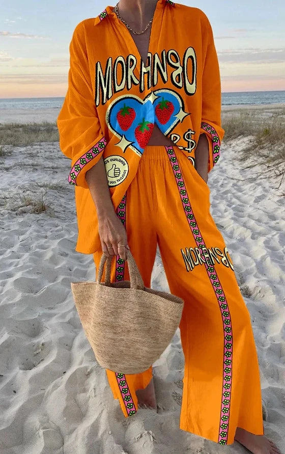 Two Piece Set – Casual Printed – Wide Leg Pants | KIMLUD