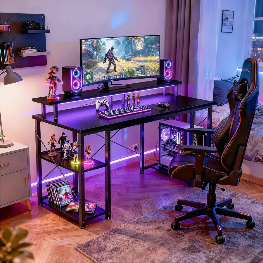 48 inch Gaming Desk with LED Lights amp Power Outlets, Computer Desk with Monitor Stand amp Storage Shelves, CPU Stand, Home Of