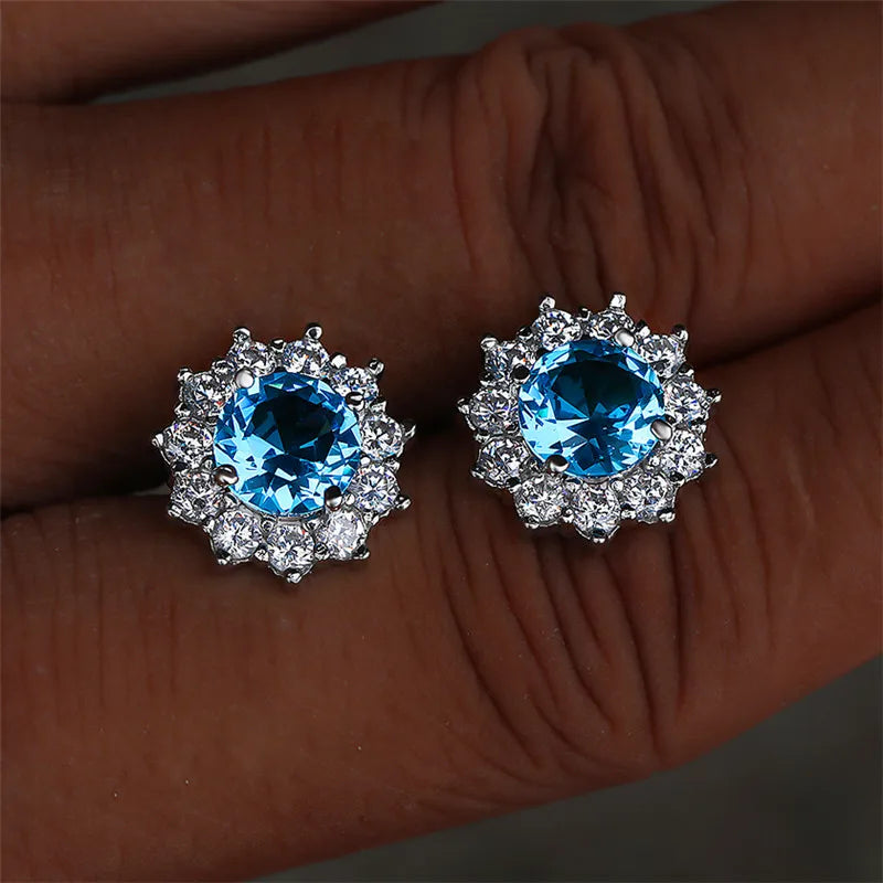 Copper Stud Earrings Round Cubic Zirconia — Water Blue | KIMLUD