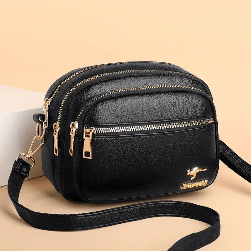 Soft Leather Shoulder Messenger Bag With Multiple Pockets And Wear-Resistant Finish — Black | KIMLUD