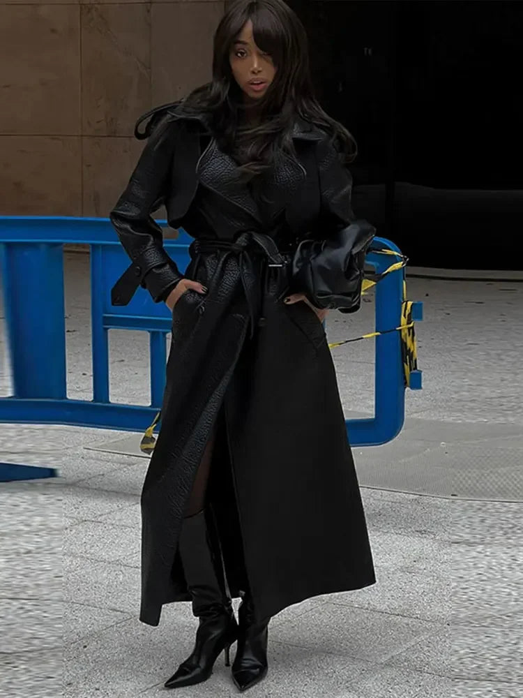 Y2k Street Long Leather Jacket Women Double Breasted Lapel Lace Up Female Coat 2025 Fashion Spring Full Sleeve Belt Lady Outwear