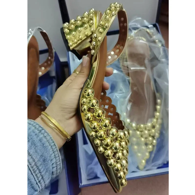 Rivet Studded Sandals With Crystal Bead — Red | KIMLUD