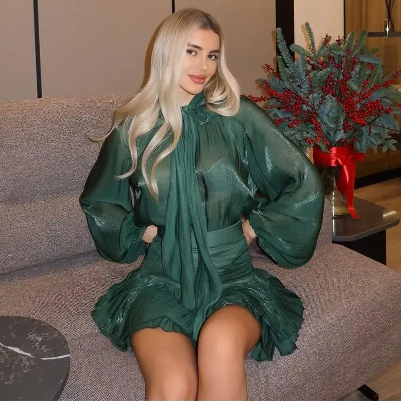 Bow Lace Up Top Pleated Short Skirt Two Piece Sets Casual Fashion Shirt Glitter Blouse High Waist Half Skirts Women's Clothing