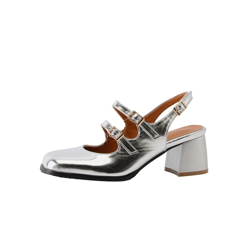Patent Leather Chunky Mary Jane Pumps Slingback — Black-Silver | KIMLUD