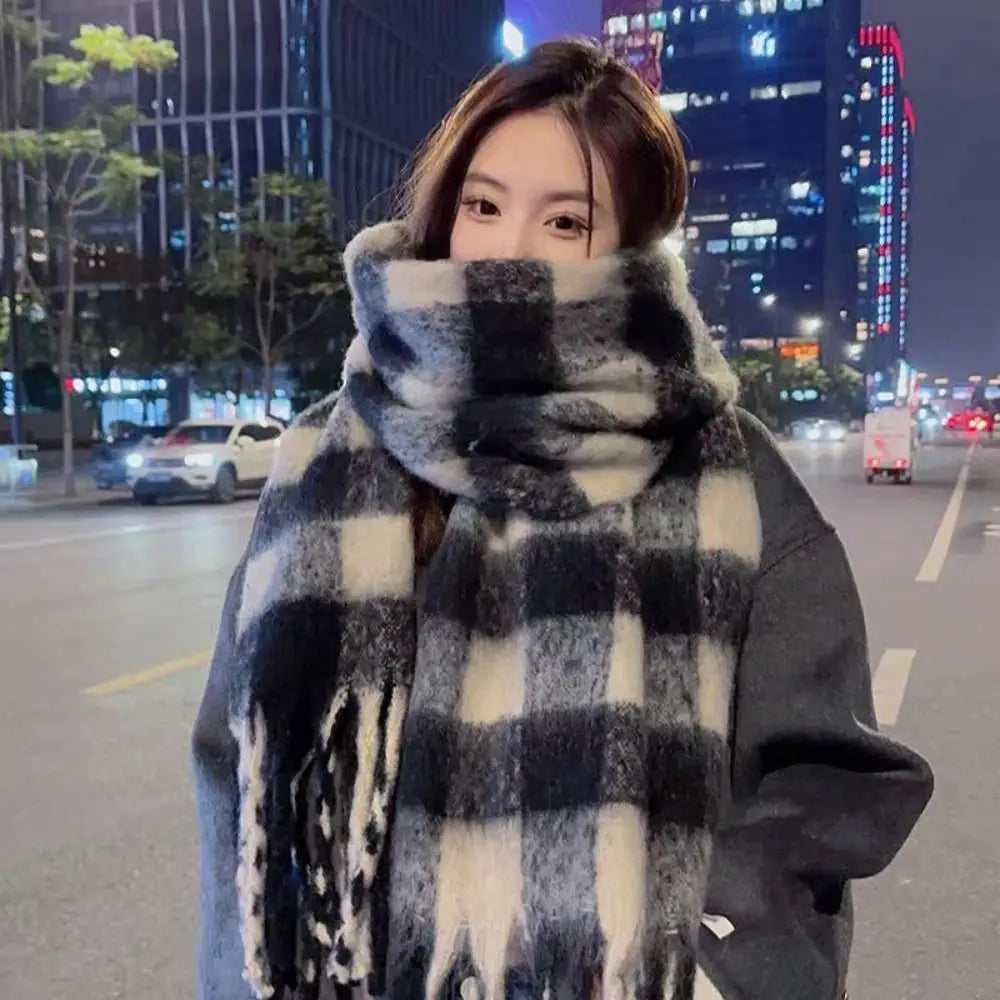 Cashmere Mohair Stripe Pattern Scarf With Tassels — Beige | KIMLUD