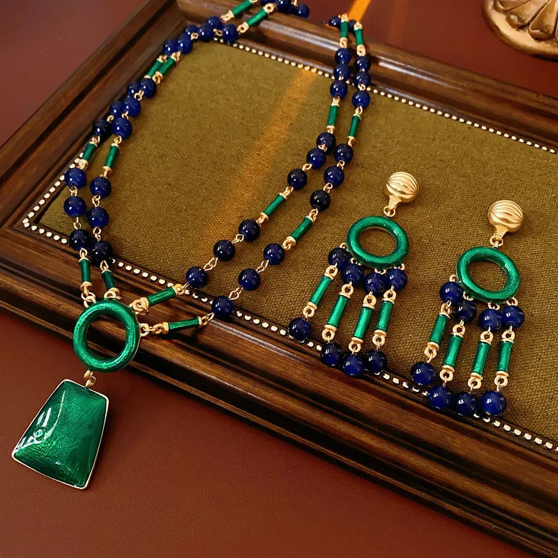 Three Pieces Vintage Drop Oil Jewelry Set Silver Needle Bamboo Knot Tassel Earrings Light Luxury Exaggerated Necklace Sets Women