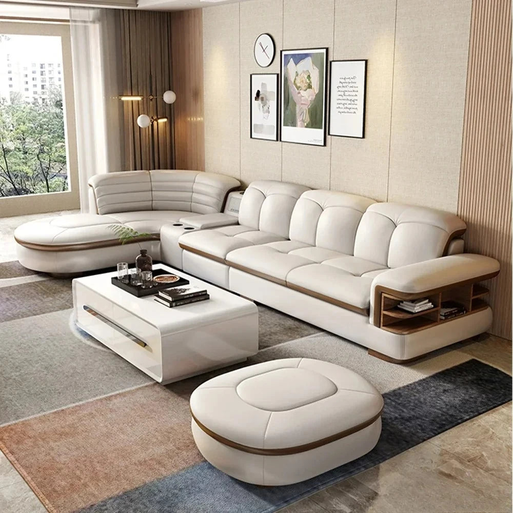 Genuine Leather Solid L-Shaped Sofa — Black | KIMLUD