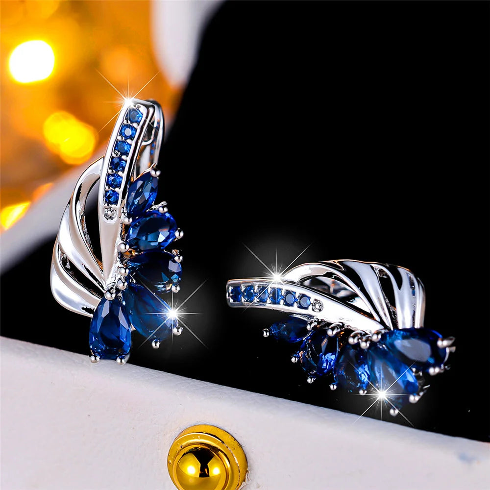 Gold Color Clip Earrings Water Drop Zircon — Blue Green | KIMLUD
