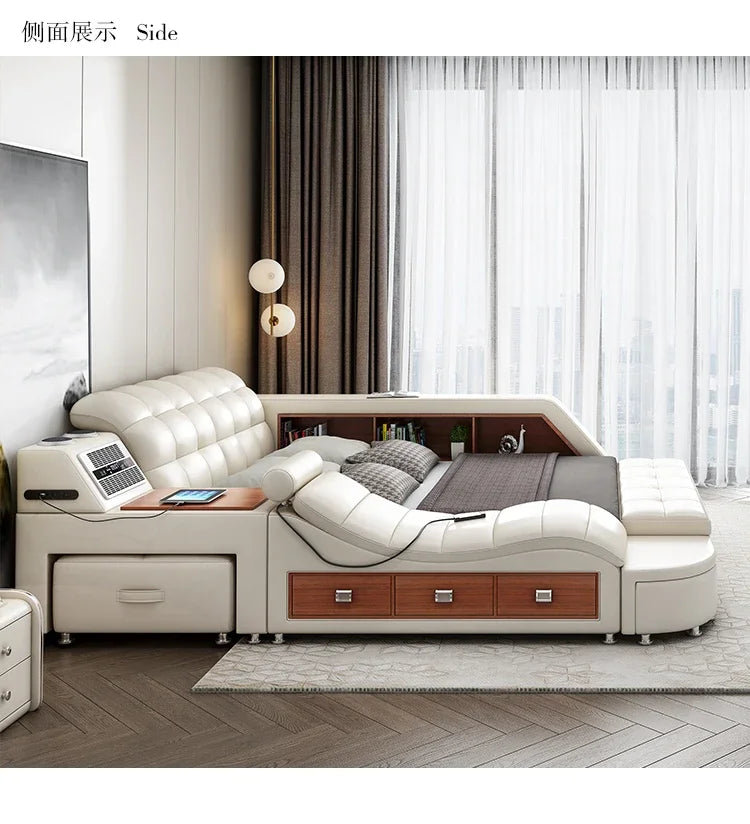 Genuine Leather Bed Tech Smart Multifunctional Massage, Bluetooth Speaker, Air Cleaner — White | KIMLUD