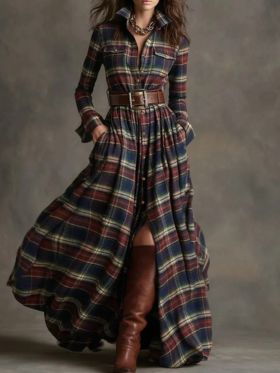 Maxi Dress – Plaid Print Slit Long Sleeve – Polyester | KIMLUD