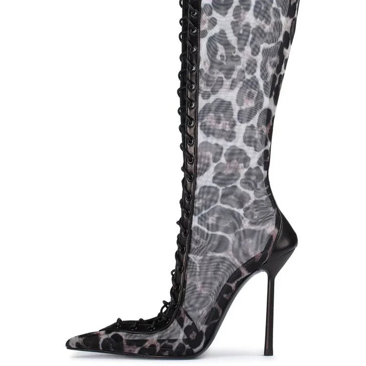 Mesh Leopard Cross Tie Knee-High Boots — Gray | KIMLUD