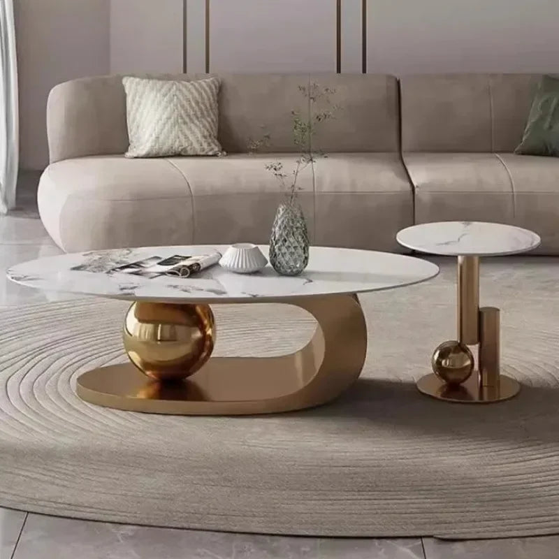 Slate Metal Coffee Table Italian Oval Form With Marble-Like Top — Ivory | KIMLUD