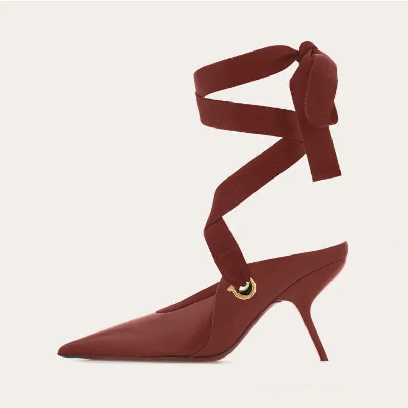 Microfiber Stiletto Ballet Sandals With Delicate Ankle Ribbons For Evening Soirees — Smoky Taupe | KIMLUD