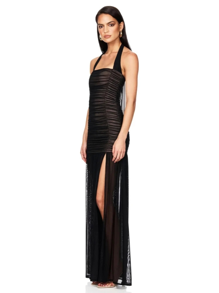 Sexy Halter Neck Mesh Patchwork Ruched Long Dress Women Black Sleeveless Backless Elegant Slim Runway Evening Party Club Dresses