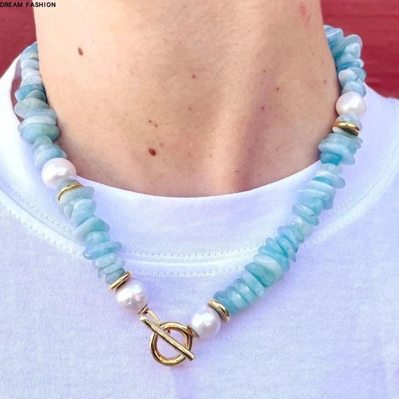 Handmade Lucite Beaded Pearl Choker Necklace — Blue | KIMLUD