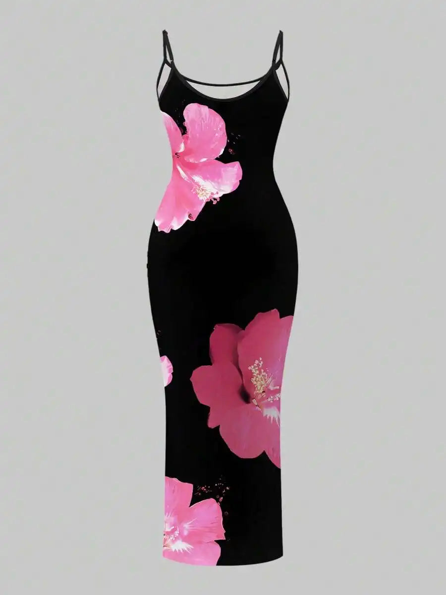 Dress - Floral Print Waist Cinched Ankle Length - Polyester | KIMLUD