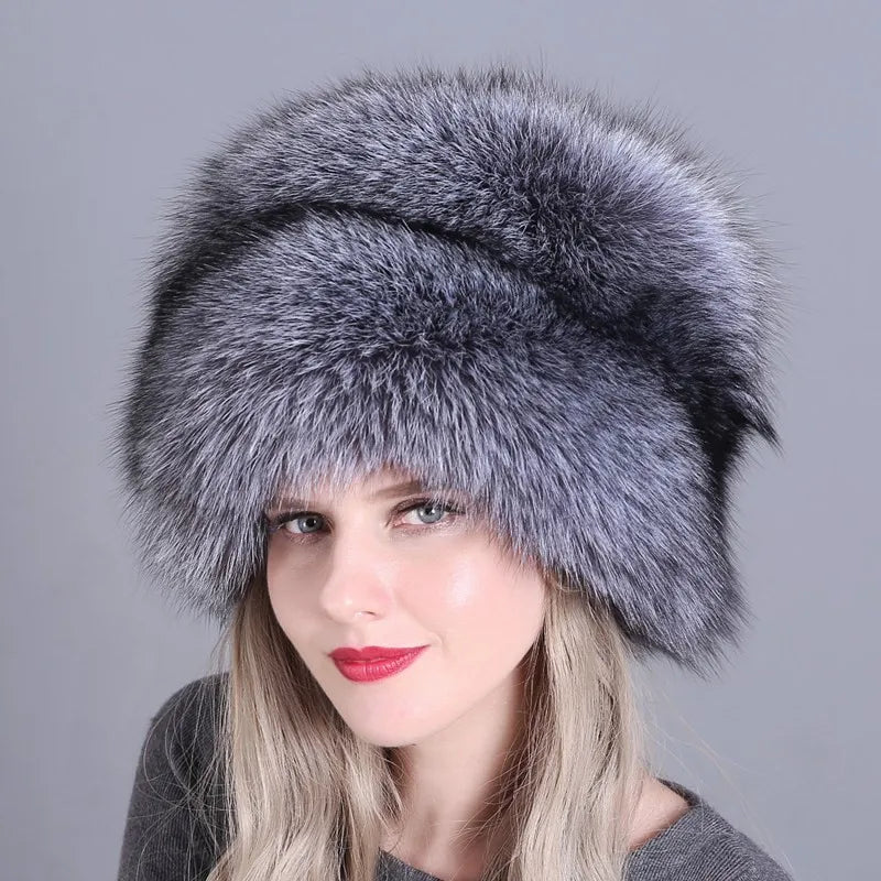 Fur hat for ladies thickened warm ear-protecting with tail snow and wind trendy