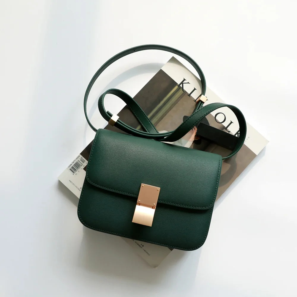 Split Leather Shoulder Bag Single Flap Lock — Black | KIMLUD