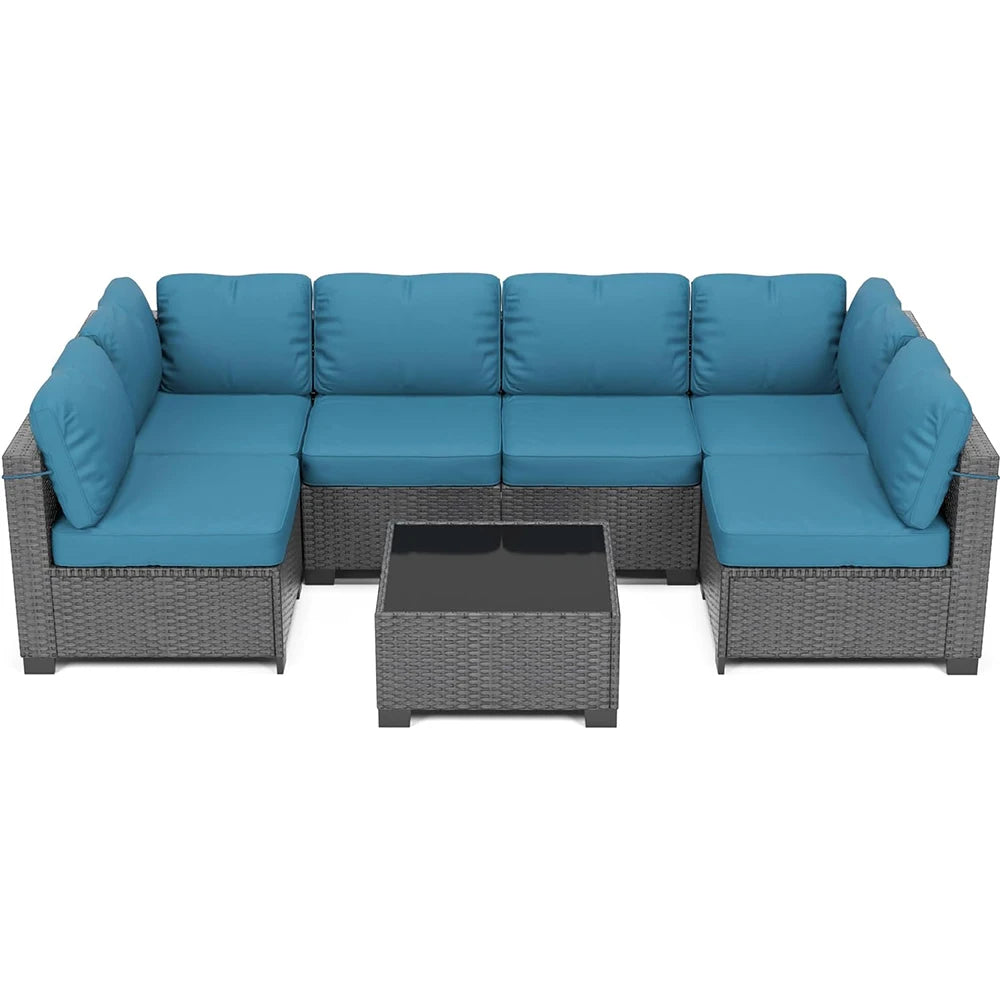 7-Piece PE Rattan Sectional Patio Set, Wicker Outdoor Sofa With Cushions & Glass Coffee Table, Conversation Furniture For Garden