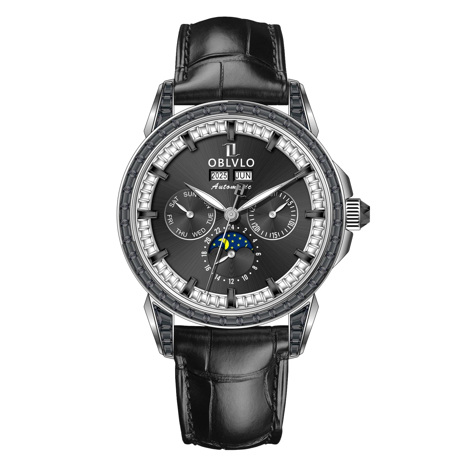 Moonphase Diamond Bezel Automatic Watch With White Dial Leather Strap — Rose Gold | KIMLUD