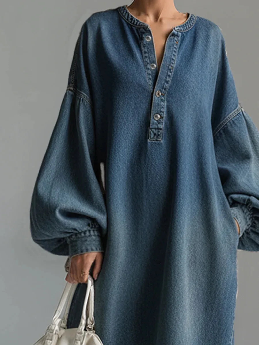 Denim Maxi Dress Single-Breasted V-Neck Lantern Sleeve — Indigo | KIMLUD