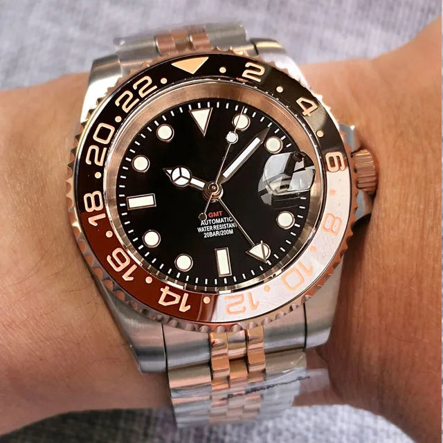 20ATM Waterproof 40mm Rose Gold NH34 GMT Automatic Watch For Men Steel Strap Ceramics Bezel Sapphire Glass Luminous