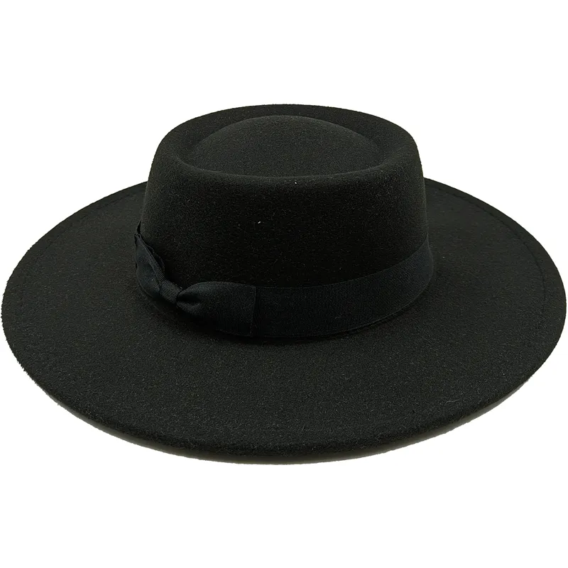 KIMLUD, Wholesale Fedora hats Winter round concave convex surface flat top bow elastic ribbon men&#39;s and women&#39;s felt jazz hats Fedora, 44 / China / 56-58cm, KIMLUD Womens Clothes