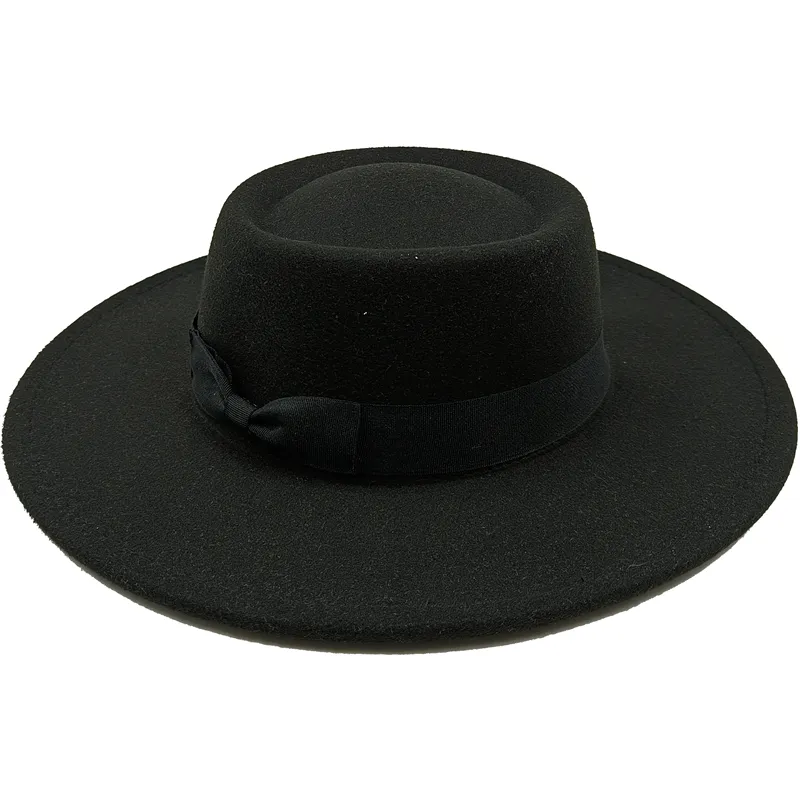 Wholesale Fedora hats Winter round concave convex surface flat top bow elastic ribbon men&#39;s and women&#39;s felt jazz hats Fedora - KIMLUD