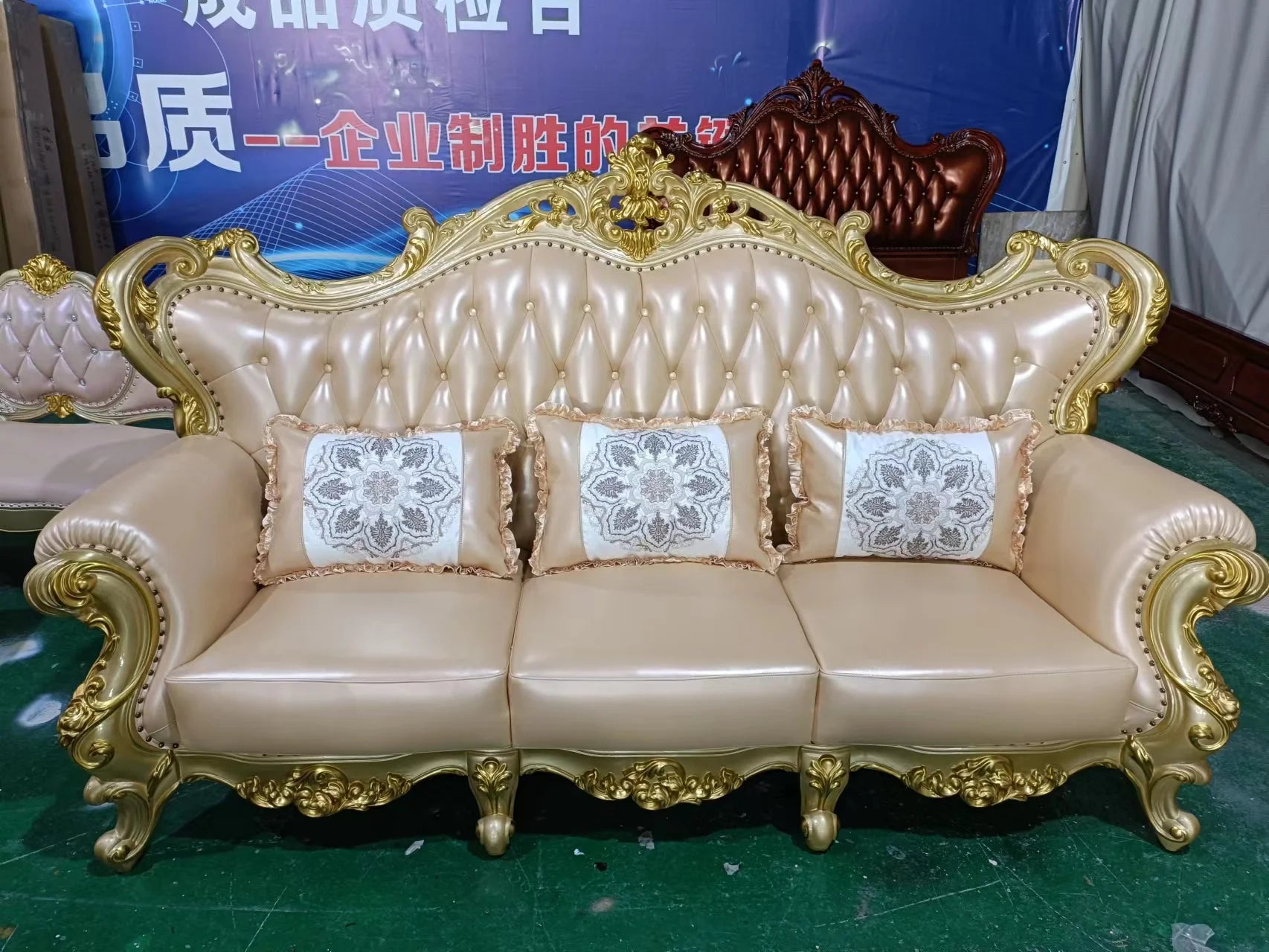 Rubberwood Solid Wood Sofa Set 1+2+3 Piece — Antique European Royal Style | Gold