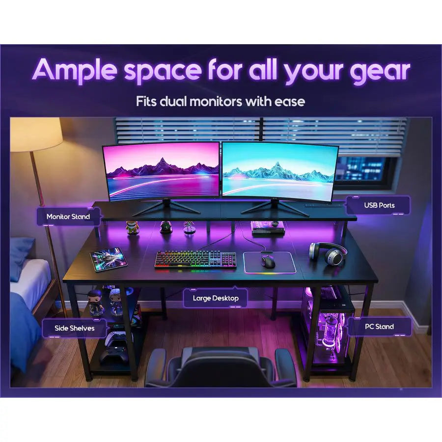 48 inch Gaming Desk with LED Lights amp Power Outlets, Computer Desk with Monitor Stand amp Storage Shelves, CPU Stand, Home Of