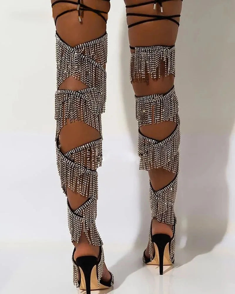 Rhinestone Chain Over-the-Knee Boots Tassel — Silver | KIMLUD