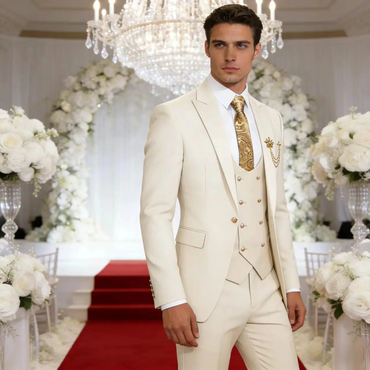 Men's 3-Piece Suit Set Classic One Gold Button Slim Fit Blazer Vest Pants Formal Business Wedding Wear