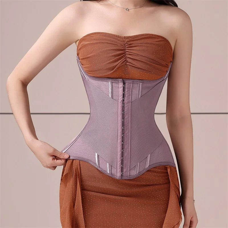 U-Shaped Steel Boned Waist Trainer Corset Buttoned Closure — Beige | KIMLUD