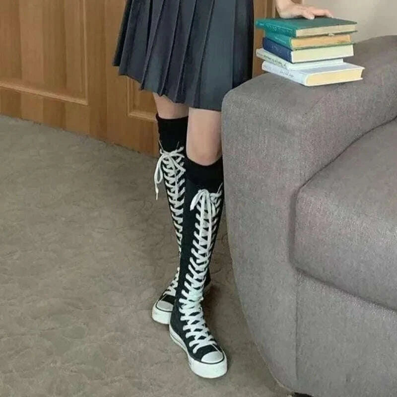 KIMLUD, 2025 New High Top Canvas Shoes for Women's Korean Edition Long Boot Lace-Up Zipper Comfortable Boot Zapatos De Mujer Tendencia, KIMLUD Womens Clothes