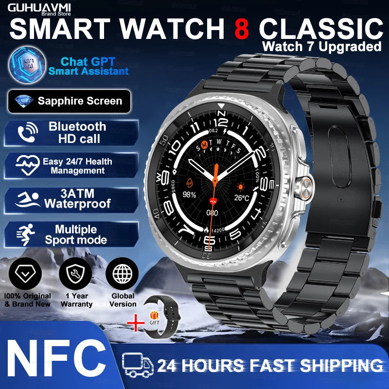 46mm Watch 8 Ultra Classic GPS Compass NFC SmartWatch Men AMOLEDS Rotating Dial BT Call 3ATM Waterproof Watch7 Upgraded Watches