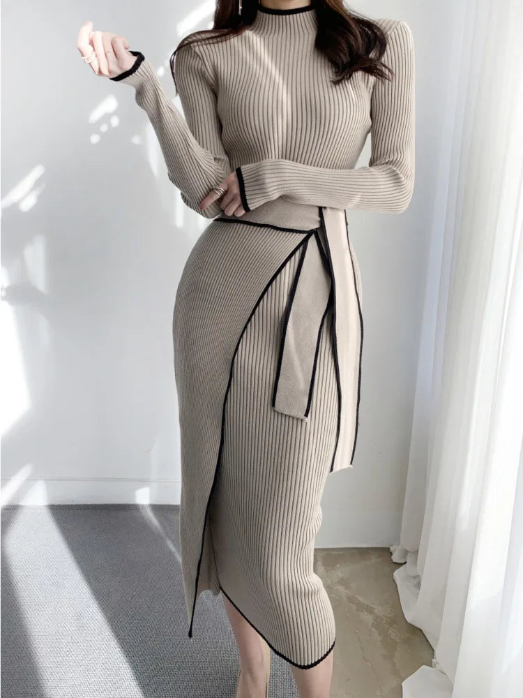 KIMLUD, Elegant Stand Collar Contrast Bandage Long Sleeve Women Knitted Dress Autumn Korean Fashion Casual Knit Bodycondresses Vestidos, KIMLUD Womens Clothes