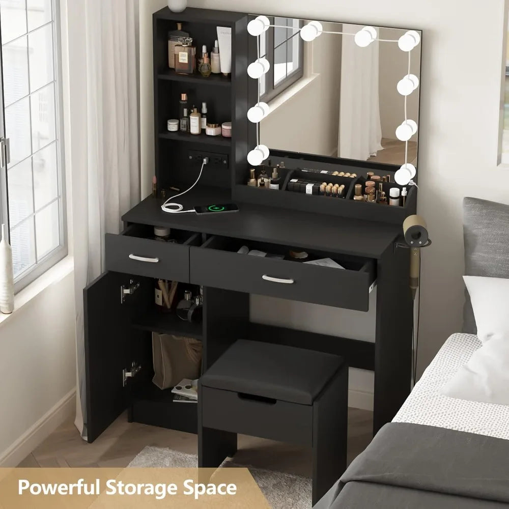 Dressing Table, Makeup Vanity Desk with Lighted Mirror & Power Strip, Black Vanity Table Set with Lights and Lots Storage