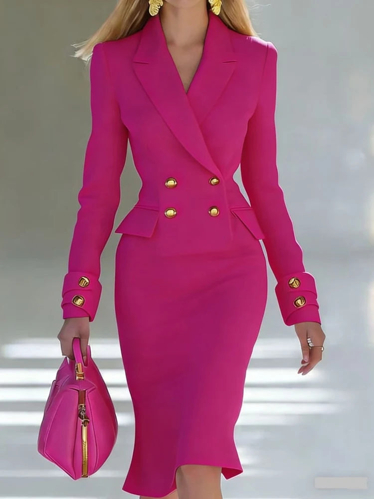 Elegant V-neck Double breasted Blazer Dress Fashion Commute Hight Waist Solid Party Dress Lady Casual Long Sleeve Wrap Hip Dress