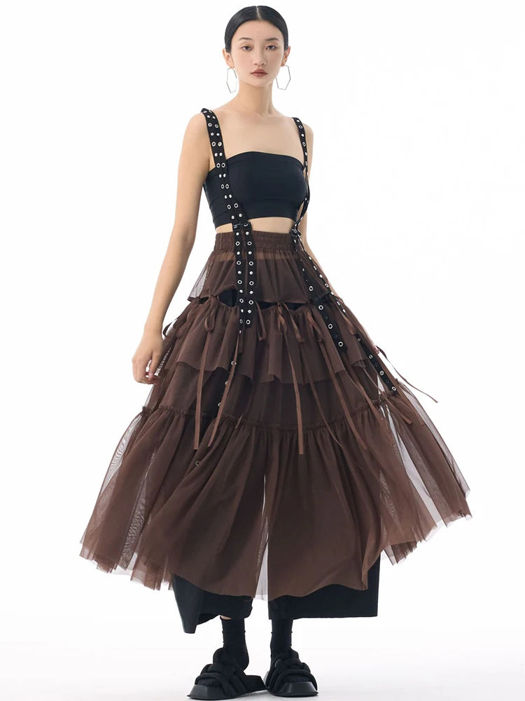 Midi Skirt - High Elastic Waist - Cotton Polyester - Coffee | KIMLUD