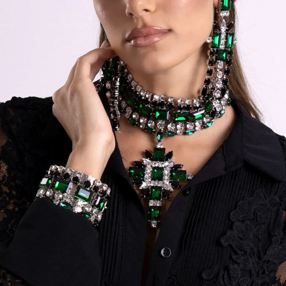 Green Corss Pendant Choker Bridal Collar Charms Party Accessories Statement Necklace Rhinestone Jewelry Pendant Wholesale Gift - KIMLUD