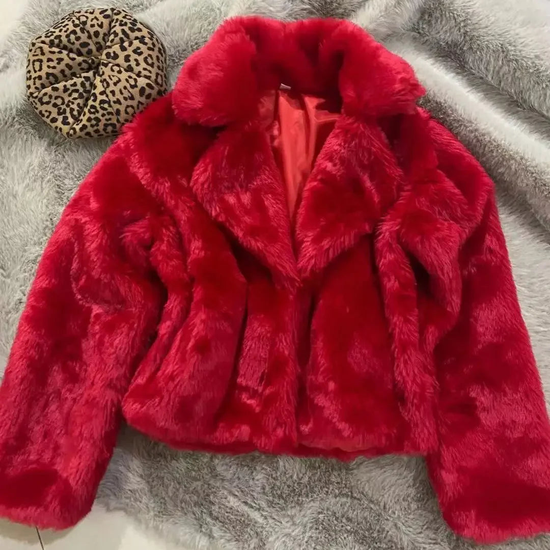Women Faux Fur Turn Down Collar Short Red Coat Autumn/Winter Imitation Rex Rabbit Fur Jacket INS Furry Parka Flocking Cardigan