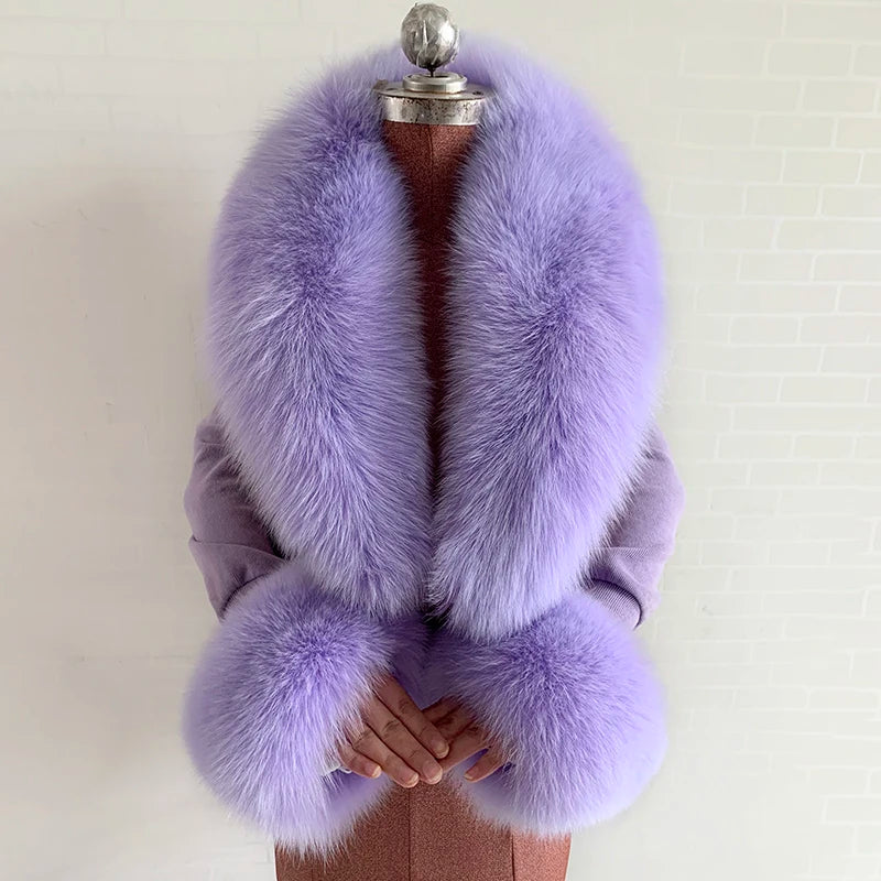 Fox Fur Solid Scarf And Cuff Set For Winter — Green | KIMLUD
