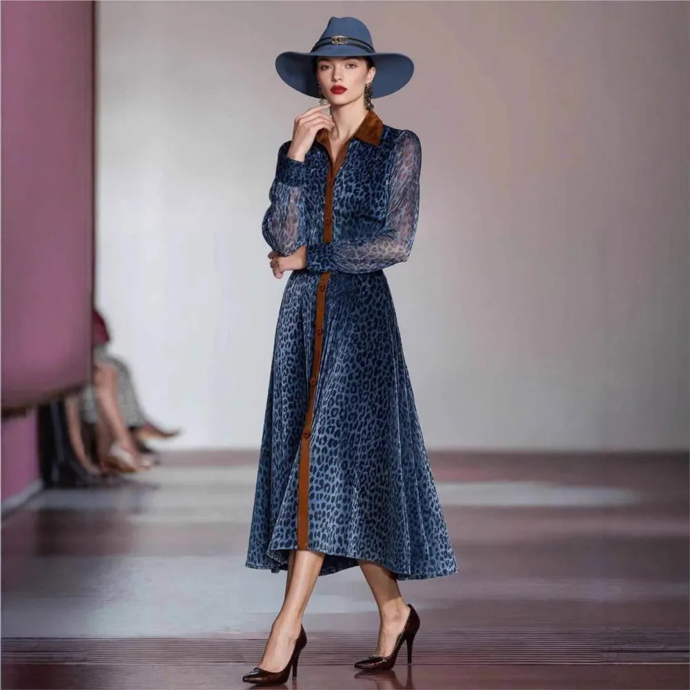 Sleek Polyester Leopard Print Dress — Blue | KIMLUD