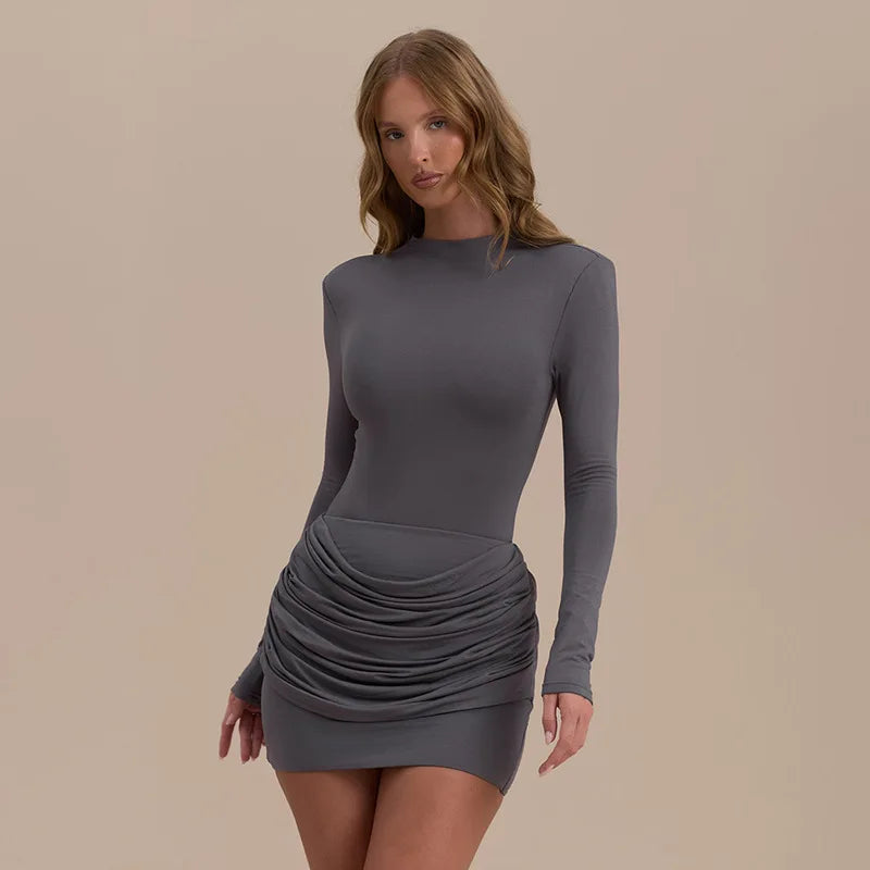 Polyester Pleated Stretch Long Sleeve Dress Gathered Hip Silhouette — Jet Black | KIMLUD